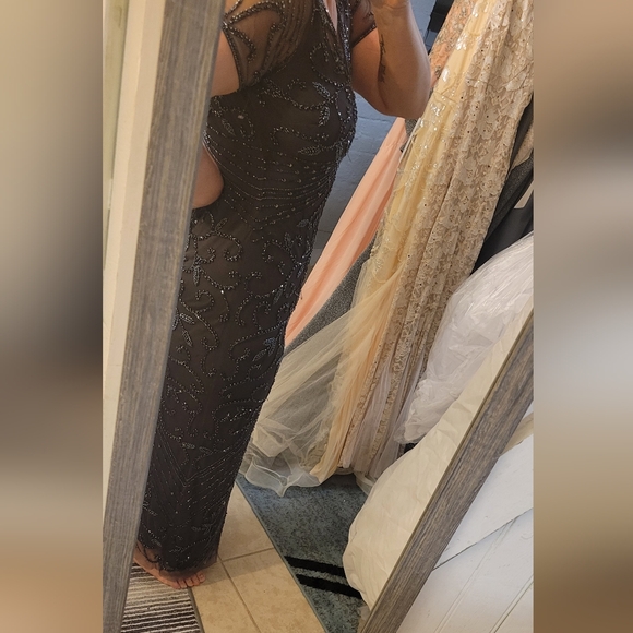 Pisarro Nights Cosmic Navy Beaded Gray Mesh Column  Formal Party Gown Size 4 - Picture 11 of 11